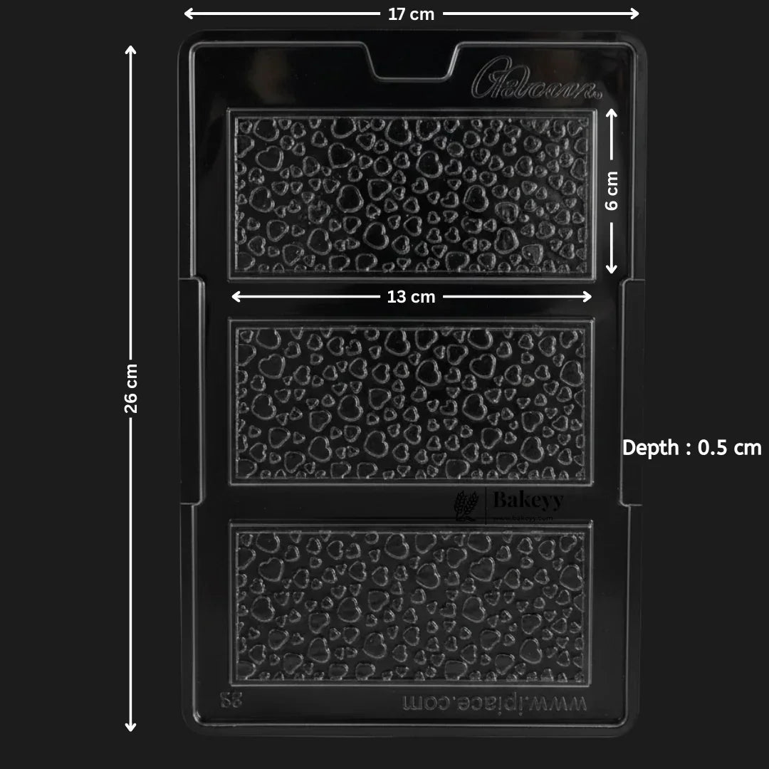 Mould 571 | Mini Heart textured Rectangular Chocolate Bar Mould – 3 Cavities | Baking Accessories | Pack of 1 - Bakeyy.com - India - Mould 571 | Mini Heart textured Rectangular Chocolate Bar Mould – 3 Cavities | Baking Accessories | Pack of 1 - Default Title 70.00