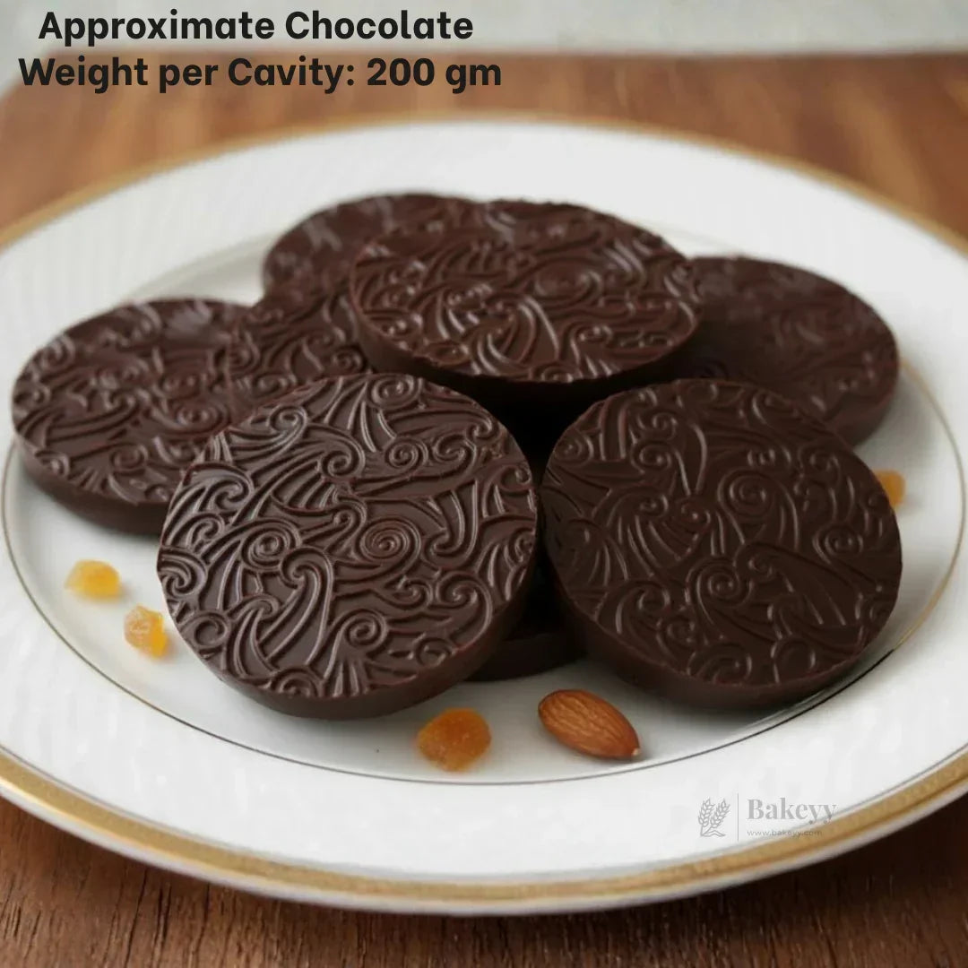 Mould630FlorentineSwirlChocolateDiscMouldLargeRoundDesignerChocolateMouldFood-GradePlastic_200g_Packof1_1 - Bakeyy.com