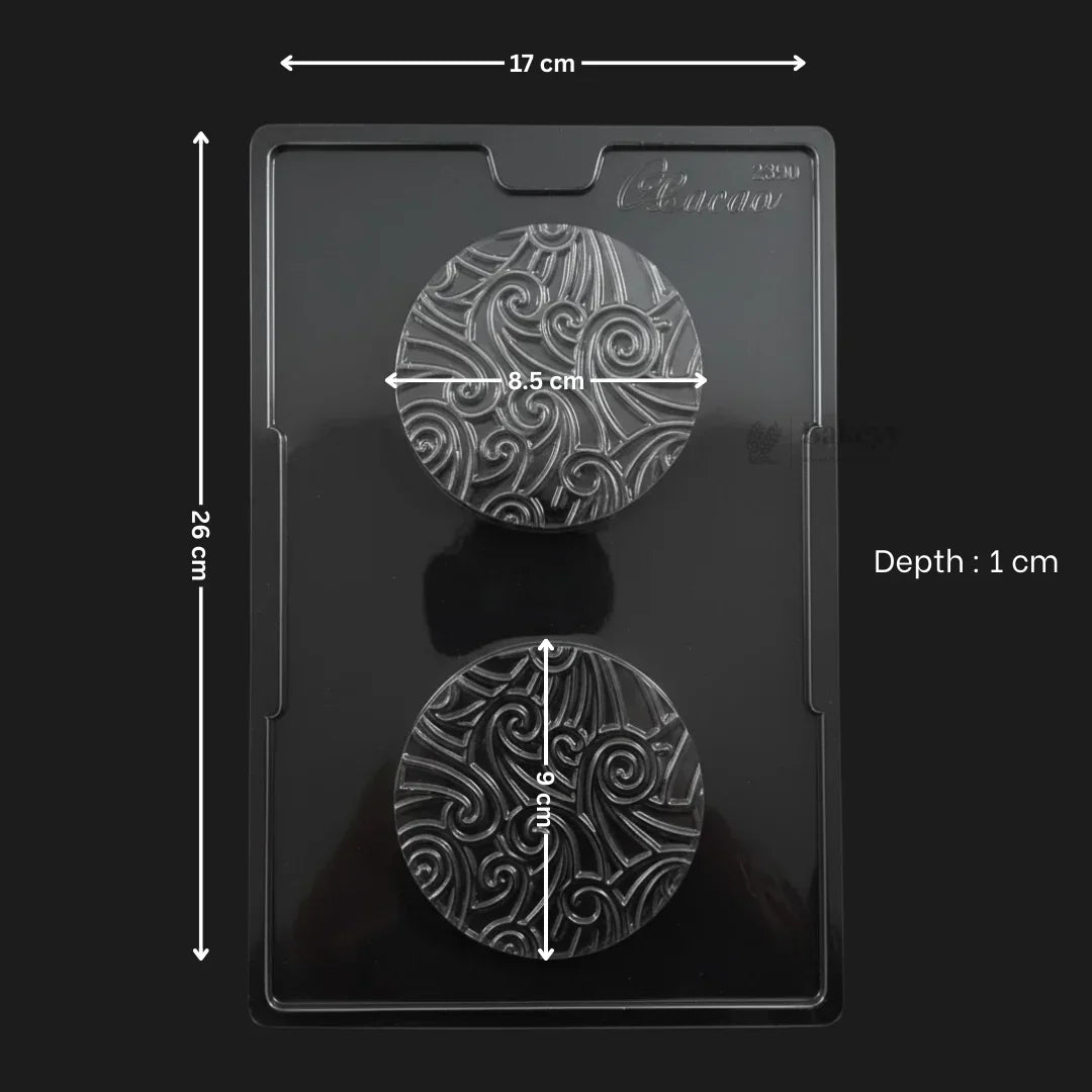 Mould 631 | Round Florentine Chocolate Mould | Embossed Swirl Designer Chocolate | 2 Cavity | Pack of 1