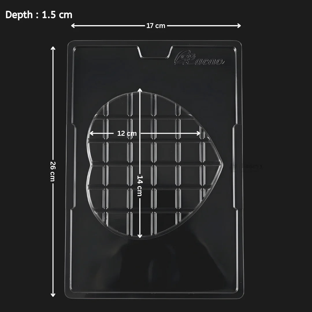 Plastic heart chocolate mould tray with grid pattern, baking accessory from Bakeyy, 26x17x1.5cm