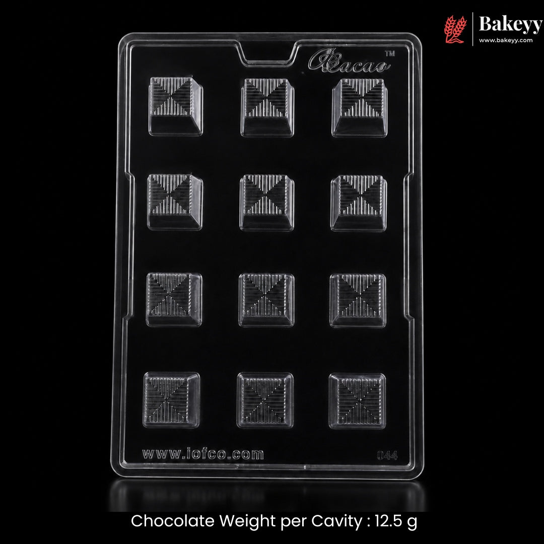 Mould -044 | 12 Cavity Square Chocolate Mould with Geometric Line Pattern | Pack of 1