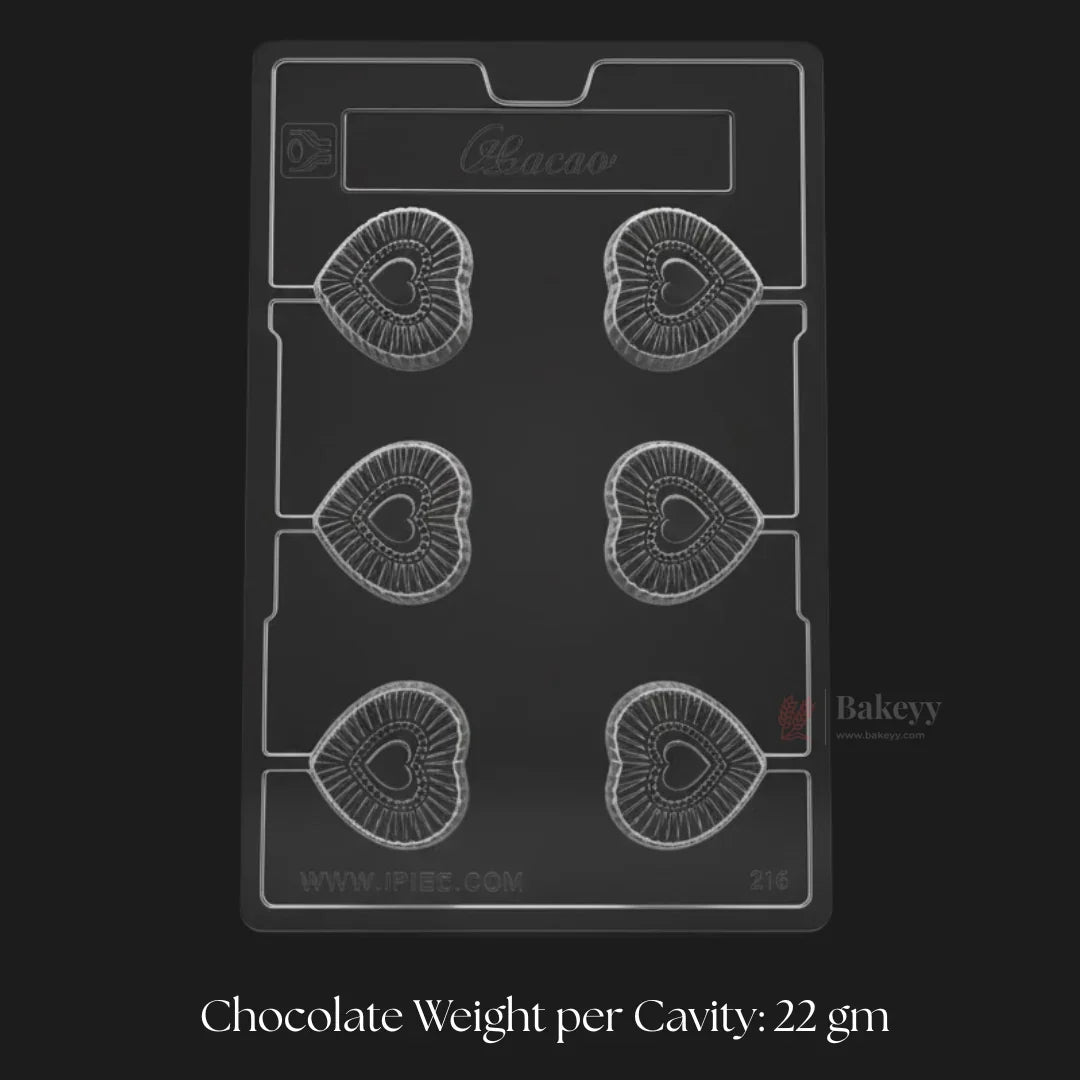 Mould 216 | Heart Shape Chocolate Mould with Ribbed Texture | 6 Cavity Clear Plastic Chocolate Mould Tray | Pack of 1