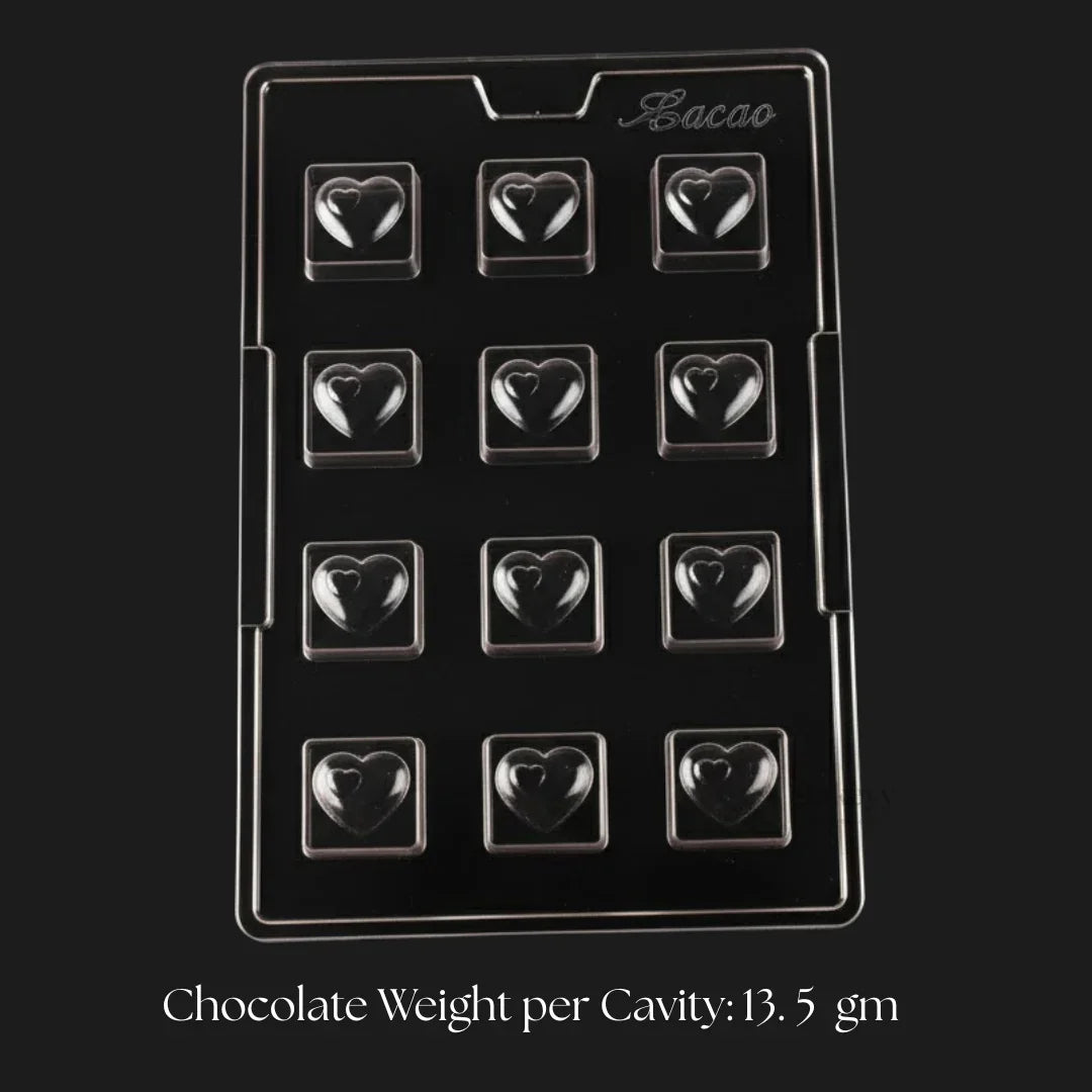 Mould 363 | Heart Filled Chocolate Mould | Square Chocolate with Heart Top | 12 Cavity | Pack of 1