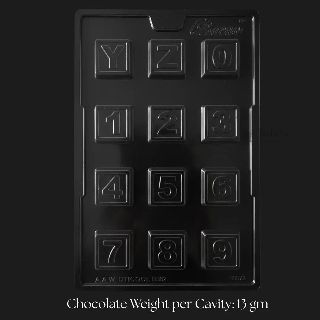 Mould 398 | Alphabet & Number Chocolate Mould | Square Letter and Digit Chocolate Tray | 12 Cavity | Pack of 1