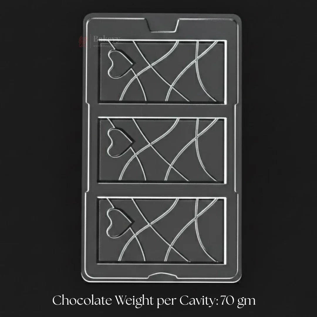 Heartline Elegance Bar chocolate mould tray with 3 cavities, heart and swirl design, Bakeyy baking supplies.