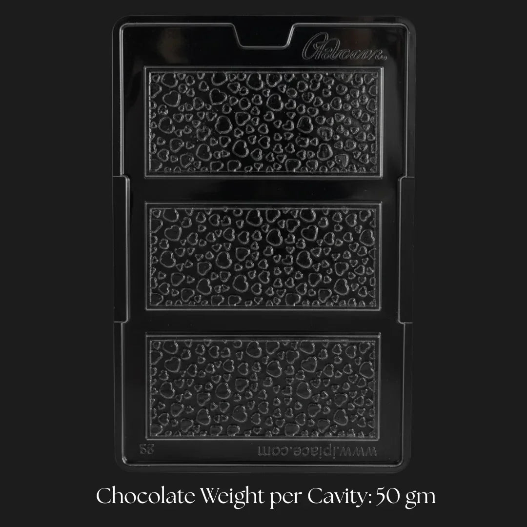 Mould 571 | Mini Heart textured Rectangular Chocolate Bar Mould – 3 Cavities | Baking Accessories | Pack of 1