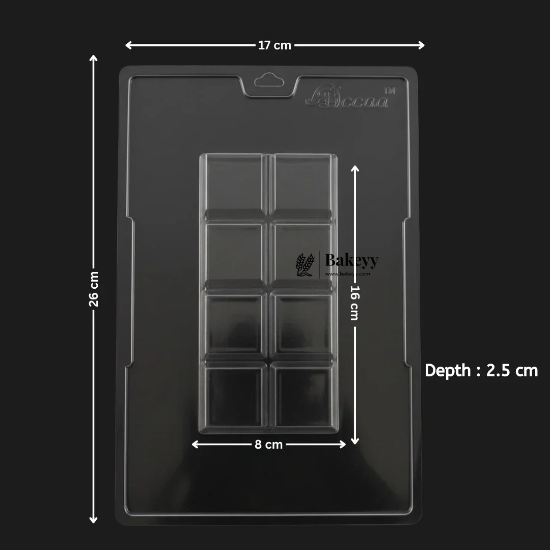 Clear plastic chocolate mould tray with 8 deep rectangle cavities and labeled dimensions, Bakeyy.com