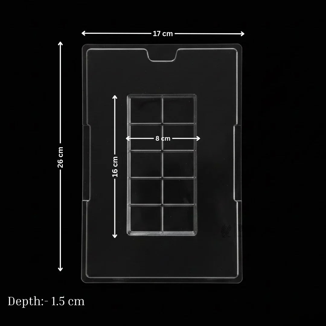 Clear plastic chocolate mould tray with grid design, measurements shown, for baking at Bakeyy.com