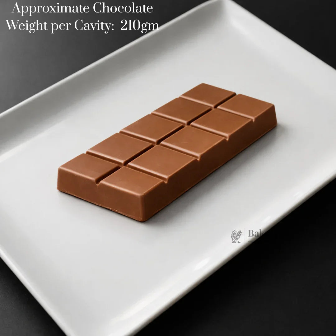 Rectangular milk chocolate bar with 10 segments on a white plate, for chocolate moulds at Bakeyy.com