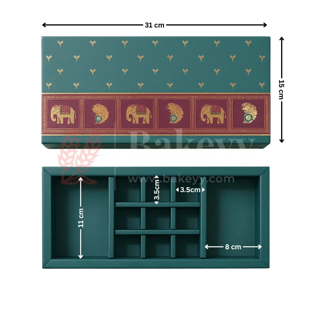 Royal Elephant and Peacock print 2 Brownie and 9 cavity Hamper Box | 1 Piece - Bakeyy.com - India - Royal Elephant and Peacock print 2 Brownie and 9 cavity Hamper Box | 1 Piece - Default Title
