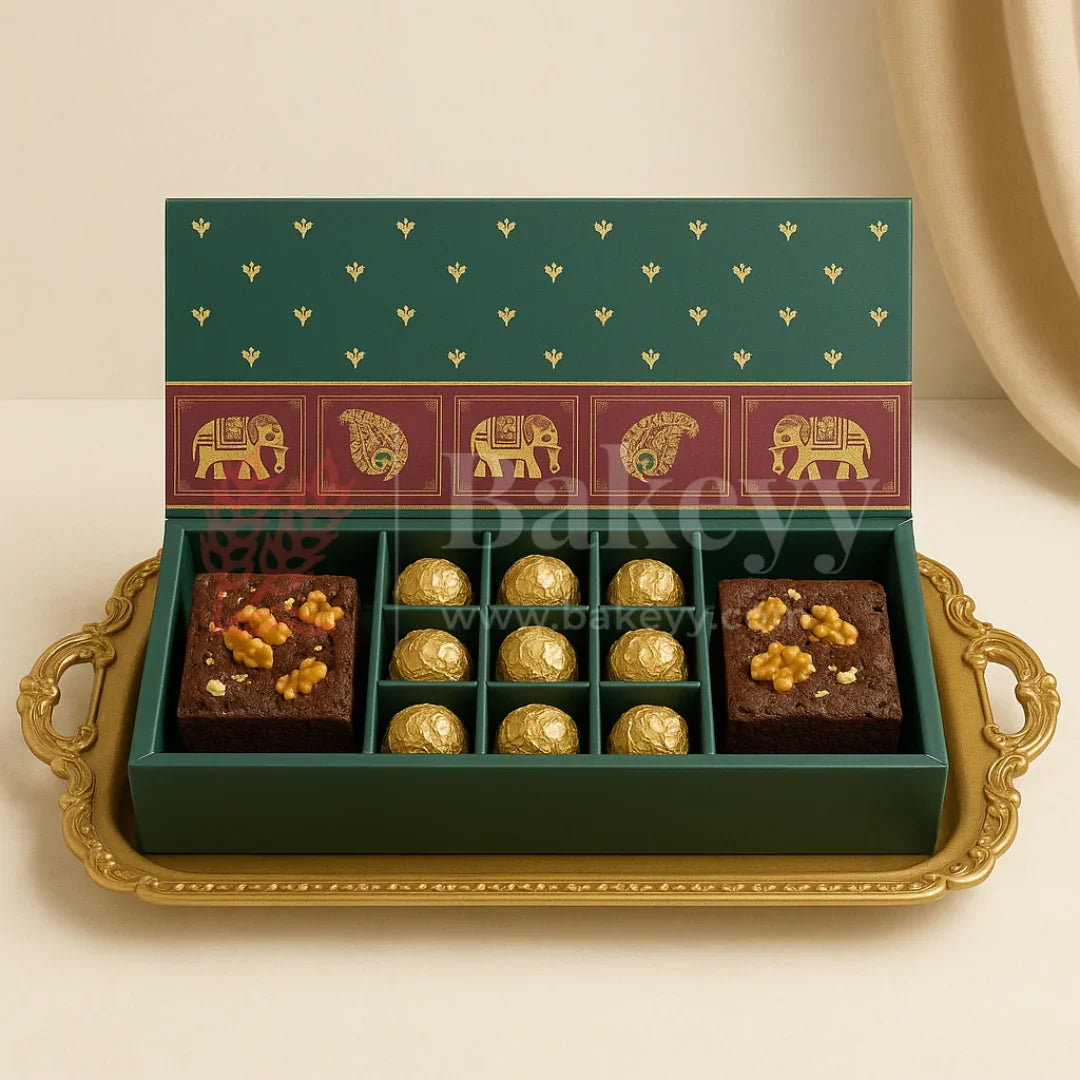 Royal Elephant and Peacock print 2 Brownie and 9 cavity Hamper Box | 1 Piece