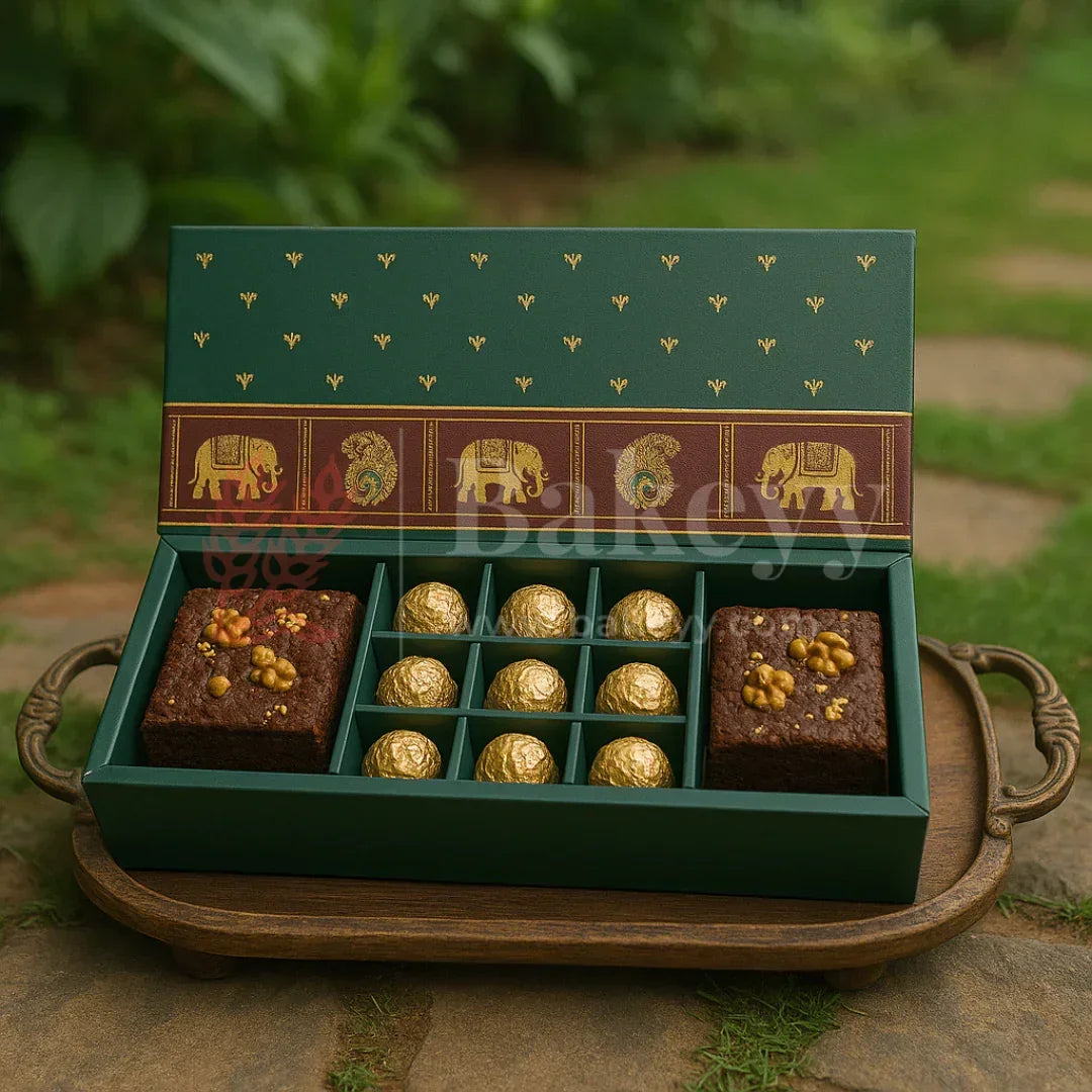 Royal Elephant and Peacock print 2 Brownie and 9 cavity Hamper Box | 1 Piece - Bakeyy.com - India - Royal Elephant and Peacock print 2 Brownie and 9 cavity Hamper Box | 1 Piece - Default Title