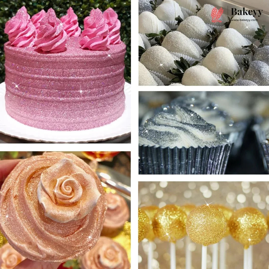 A 2x3 collage of baked goods and dessert decorations: a pink glitter cake with pink piped frosting, white chocolate-covered strawberries, a close-up of a silver and white swirled cupcake, a peach-pink rose-shaped pastry held in a hand, and gold glitter-covered cake pops.