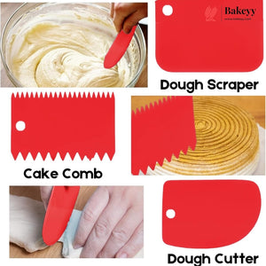A collage showing a red dough scraper and three other baking tools labeled Dough Scraper, Cake Comb, and Dough Cutter, with inset photos demonstrating use in mixing batter, scraping dough, combing a cake, and cutting dough. The Bakeyy brand logo is visible on one tile.