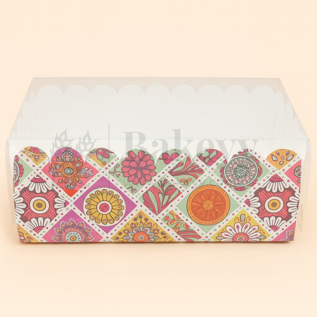 Rectangular box with a colorful floral pattern on a beige background