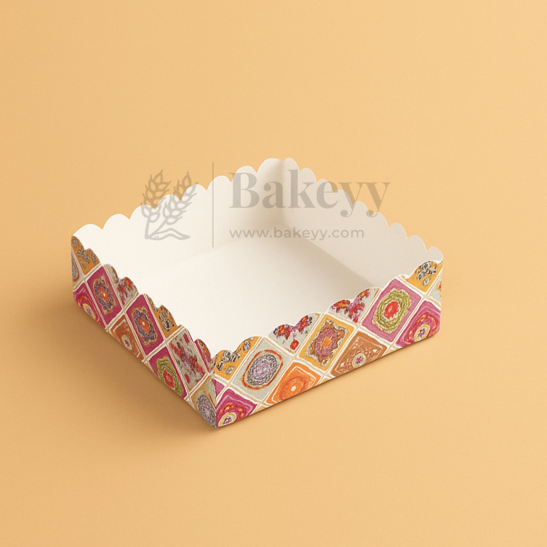 Decorative cake board with colorful pattern on a beige background, featuring the brand 'Bakevy'.