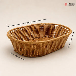Woven bread basket with dimensions on a beige background, featuring the Bakey brand.