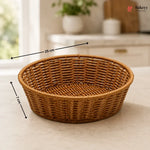 Woven basket with dimensions on a neutral background, featuring the Bakey brand.
