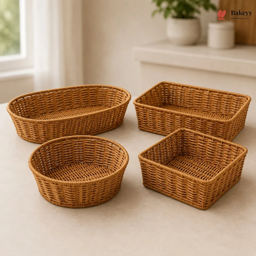 Set of wicker baskets on a light surface with a neutral background