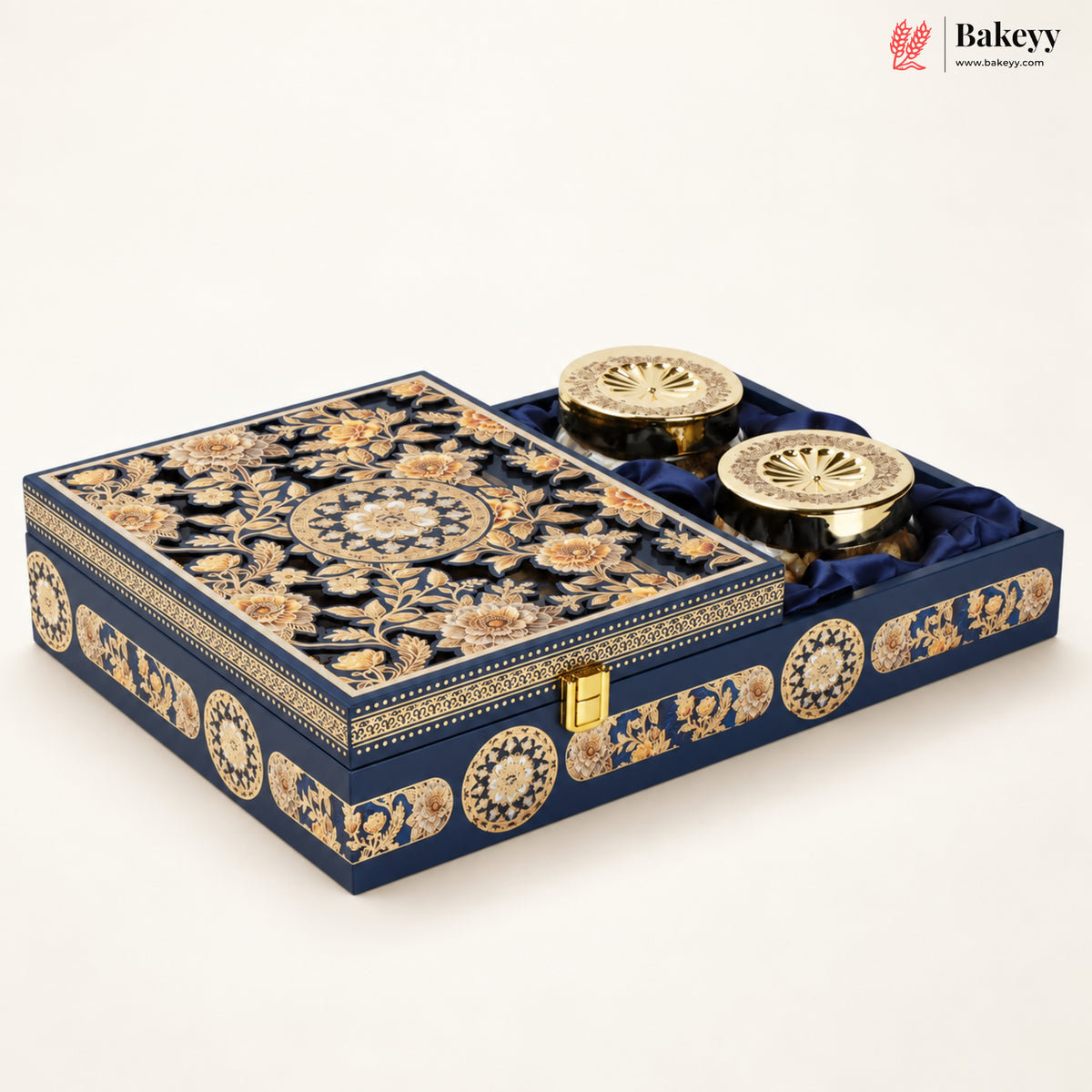 Navy Blue MDF Hamper Box with 2 Glass Jars & 12-Cavity Tray | Pack of 1