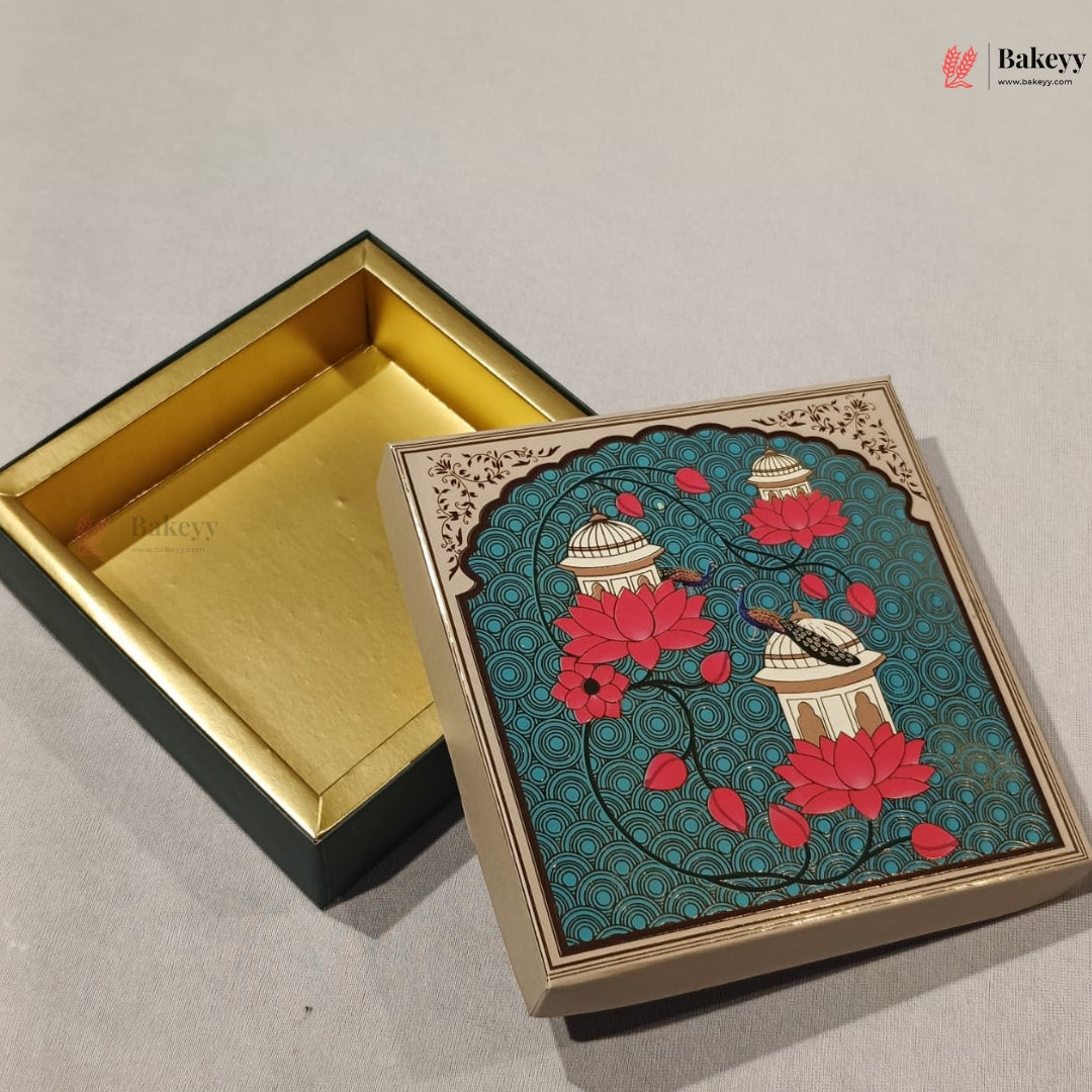 Teal Lotus & Dome Printed Sweet & Chocolate Gift Box | With & Without Cavity | Multiple Capacities