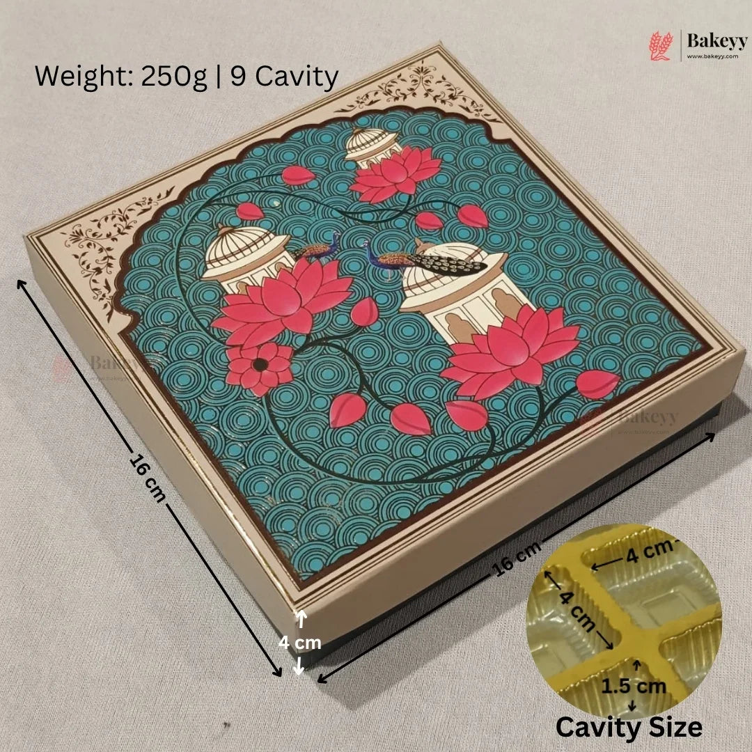 A square decorative baking tray or gift box with a printed teal and pink floral design, shown on a light neutral background with dimension arrows and text indicating 16 cm by 16 cm by 4 cm size and 250g weight. A Bakeey logo appears in the top right, and a small inset shows the tray interior.
