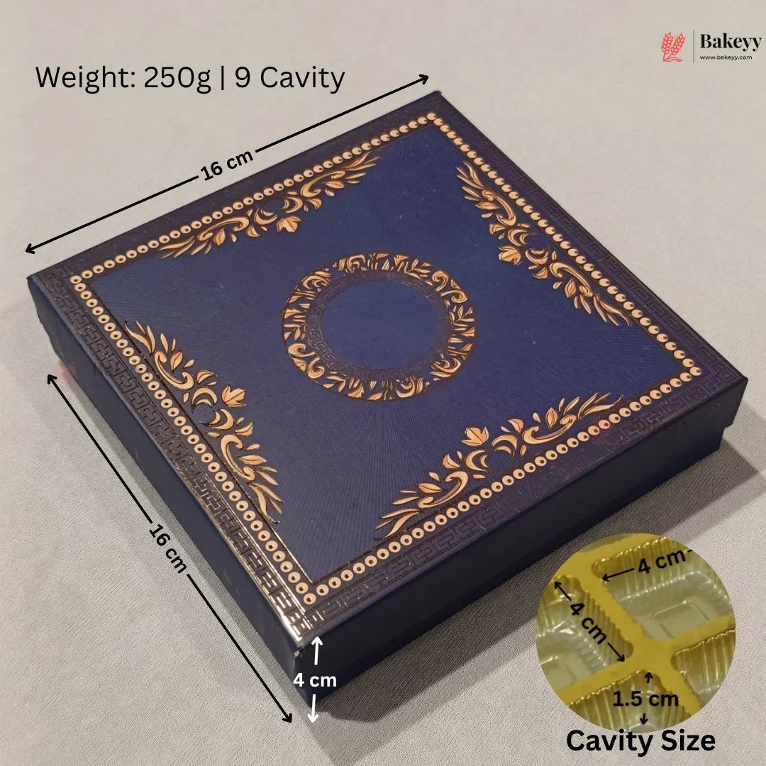 A dark navy blue rectangular gift box with ornate gold foil floral designs and a circular medallion on the lid, shown with dimension labels (16 cm x 16 cm x 4 cm) and a small inset showing the yellow 250g cavity. The Bakeey brand logo is visible in the top right.