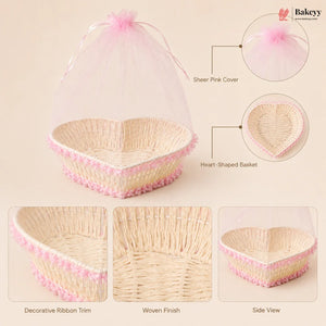 Heart-shaped basket with sheer pink cover and decorative ribbon trim, featuring Bakey brand.