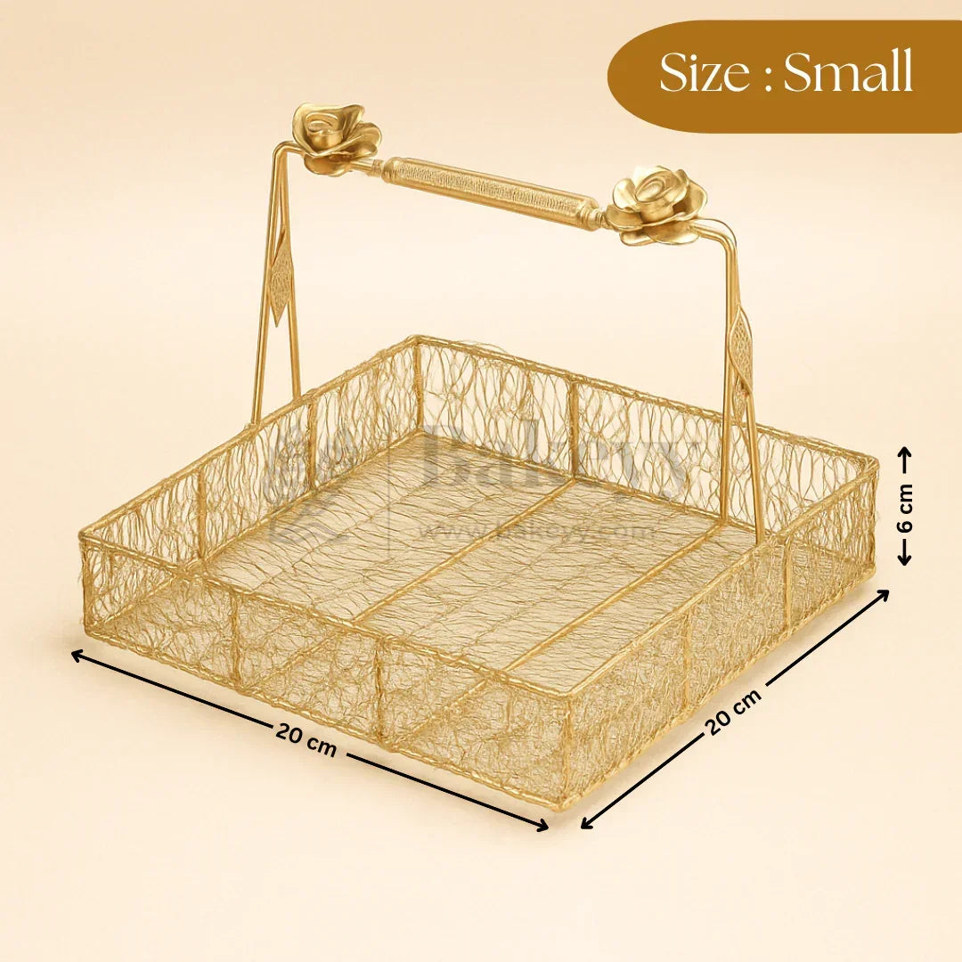Small gold decorative net basket with floral handle, ideal for gift packaging or hampers, 20x20x6cm
