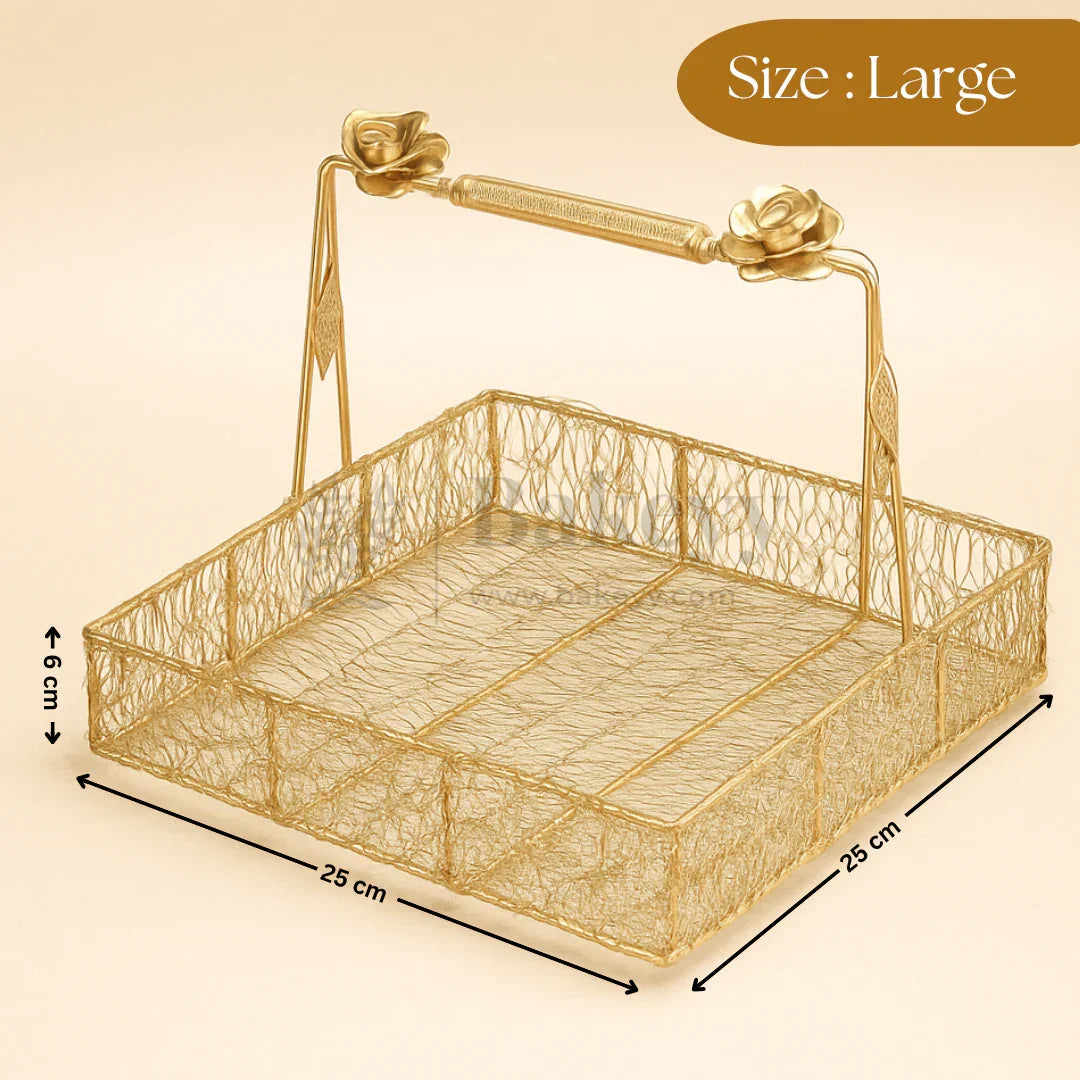 Large square gold net basket with floral handle, ideal for gift packaging from Bakeyy.com