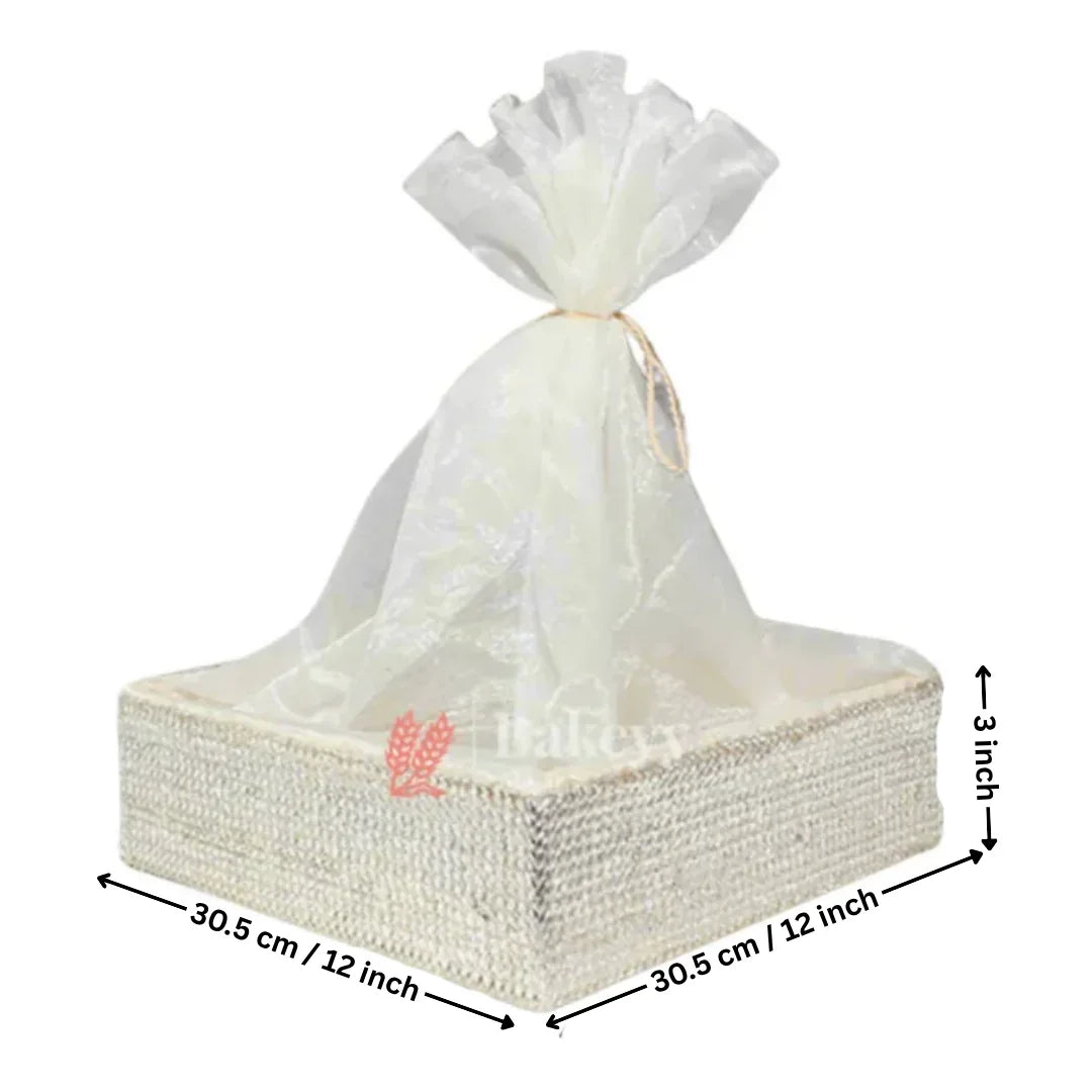 White gift bag with dimensions labeled on a white background