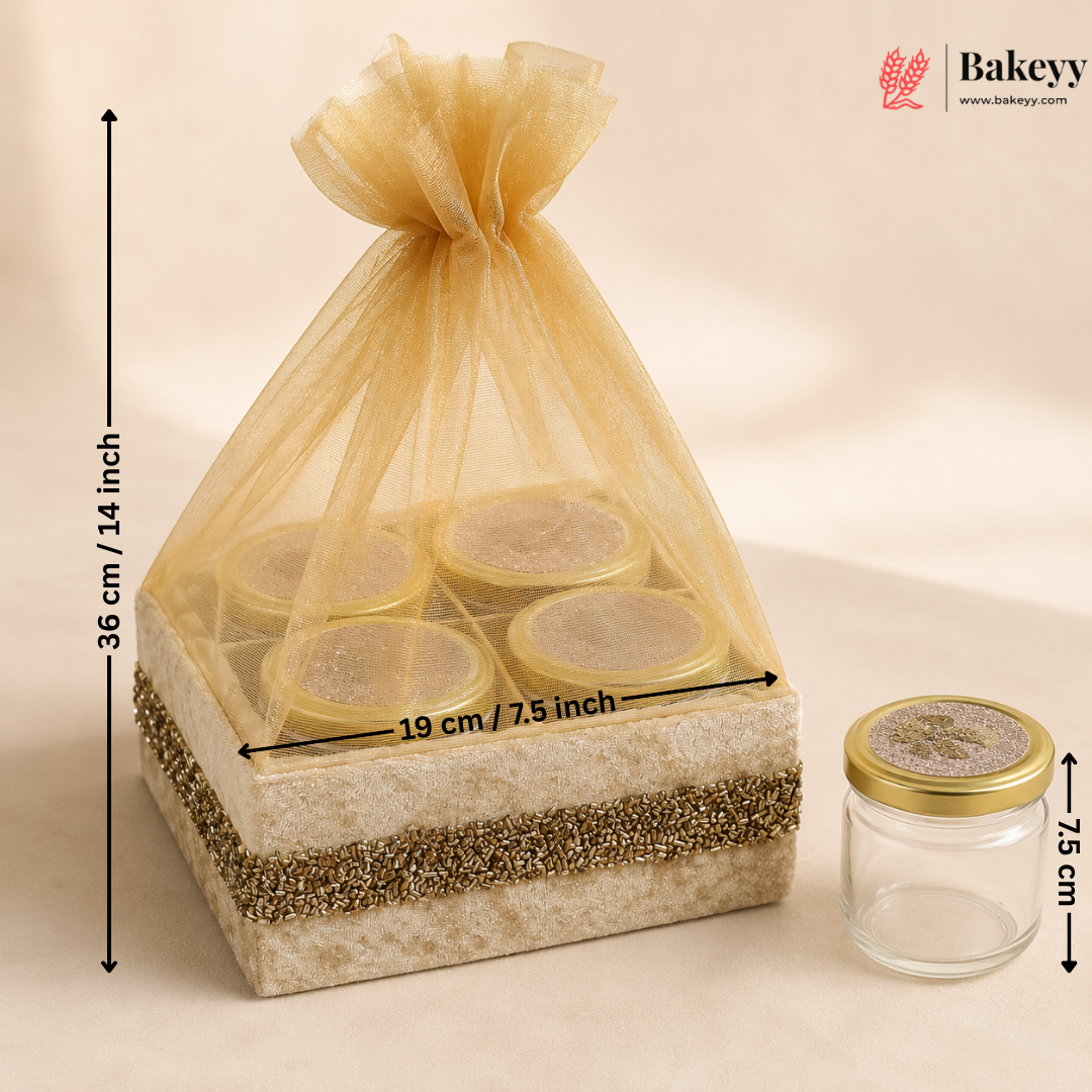 Packaged set of jars with a decorative box, showing dimensions, and featuring the Bakeyy brand.