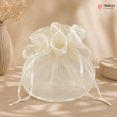 Translucent drawstring bag on a beige background with 'Bakeyy' branding.