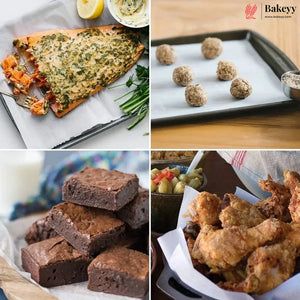 Collage of four food items: salmon with herb sauce, meatballs on a baking sheet, brownies, and fried chicken.