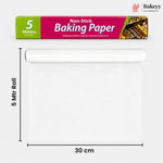 A roll of Bakeey non-stick baking paper shown above its retail box, with dimension labels indicating a 5-meter length and 30 cm width on a light gray background.