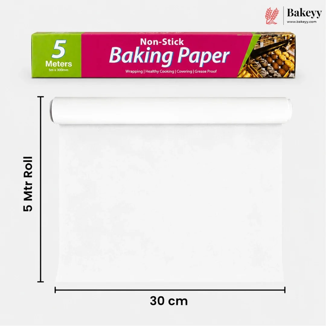 A roll of Bakeey non-stick baking paper shown above its retail box, with dimension labels indicating a 5-meter length and 30 cm width on a light gray background.