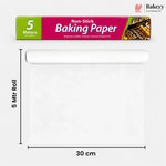 A roll of Bakeey non-stick baking paper shown above its retail box, with dimension labels indicating a 5-meter length and 30 cm width on a light gray background.