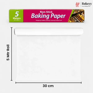 A roll of Bakeey non-stick baking paper shown above its retail box, with dimension labels indicating a 5-meter length and 30 cm width on a light gray background.