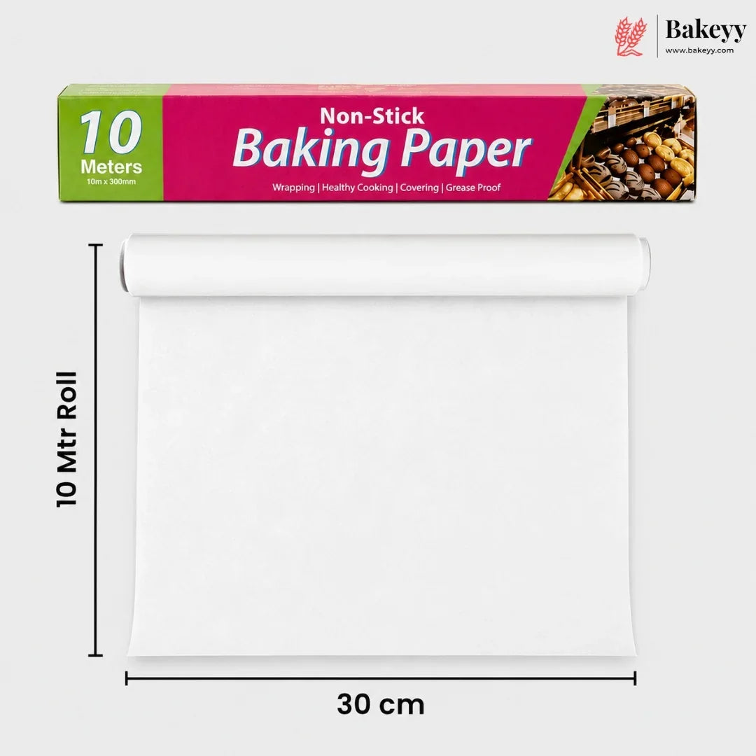 A roll of white non-stick baking paper shown with a printed box above it on a light gray background. Black dimension lines indicate 30 cm width and 10 mtr length, and the box reads '10 Meters Non-Stick Baking Paper' with a Bakeyy logo in the top right.