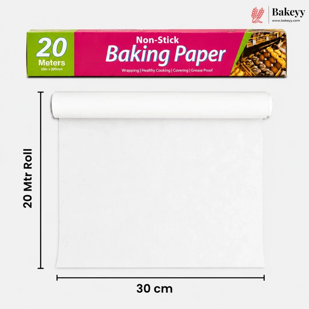 A roll of white non-stick baking paper shown on a light gray background, with a branded header above indicating 20 meters length and dimensions marked 30 cm wide. The header includes Bakeey branding and product text for non-stick baking paper.
