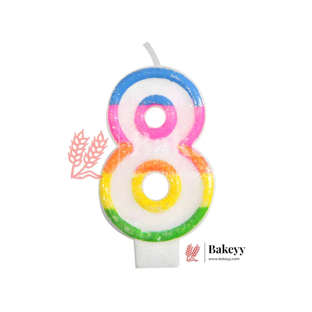 Rainbow number 8 birthday candle with glitter, Bakeyy wholesale baking supplies India