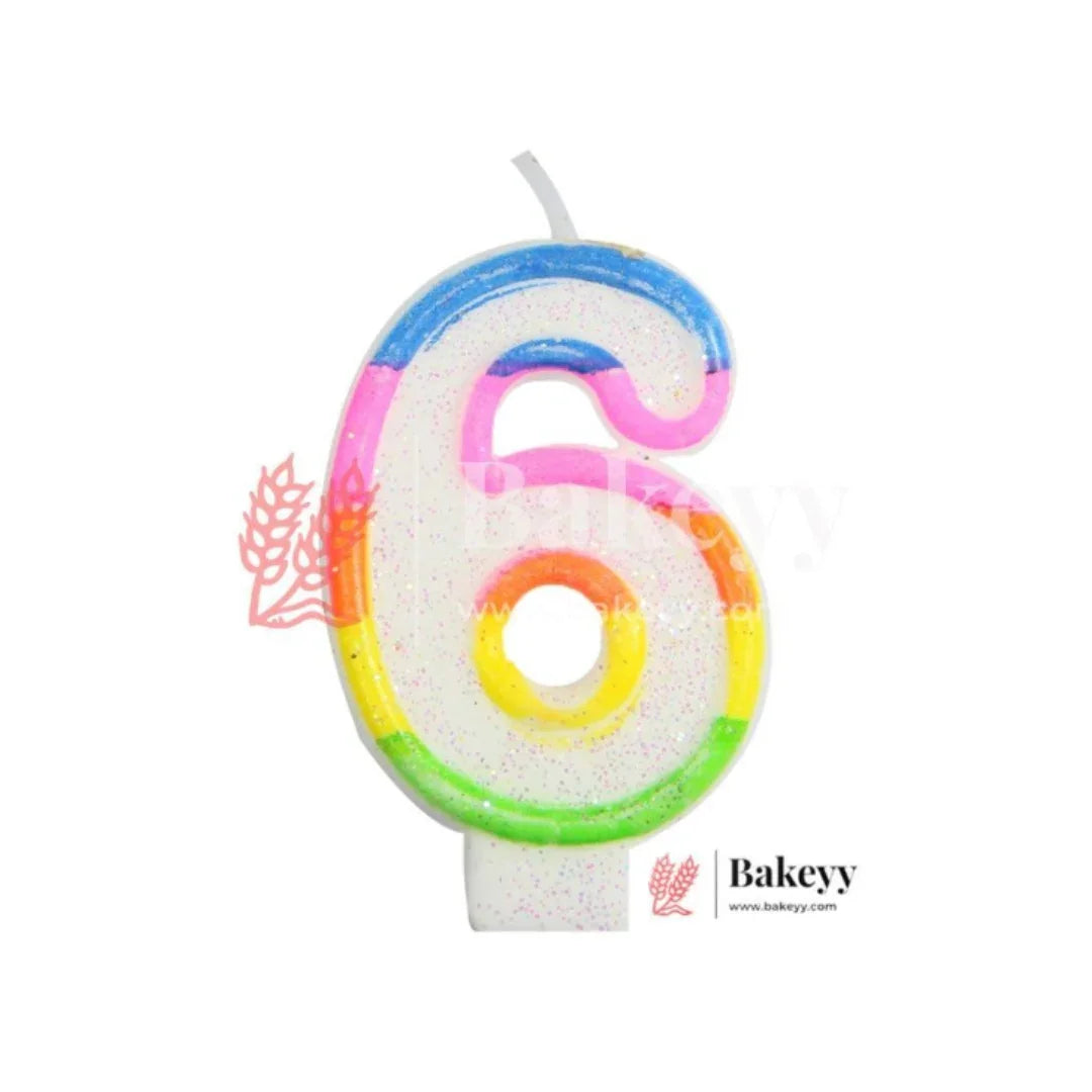 Number 6 rainbow birthday candle with glitter, colorful baking supply from Bakeyy.com