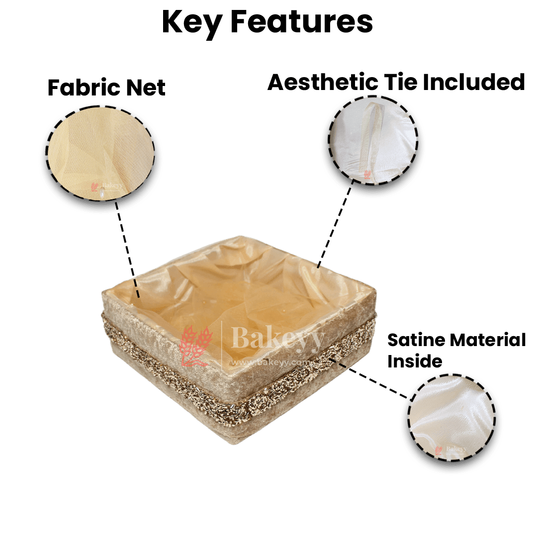 Chid Velvet Gold Hamper | Deluxe Square Gifting & Décor Basket | Diwali Return Gift Tray With Net - Bakeyy.com - India - Chid Velvet Gold Hamper | Deluxe Square Gifting & Décor Basket | Diwali Return Gift Tray With Net - Small-8 Inch