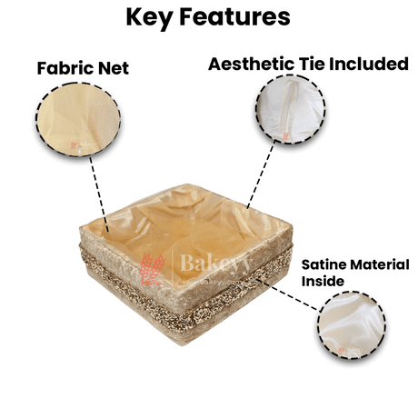 Chid Velvet Gold Hamper | Deluxe Square Gifting & Décor Basket | Diwali Return Gift Tray With Net - Bakeyy.com - India - Chid Velvet Gold Hamper | Deluxe Square Gifting & Décor Basket | Diwali Return Gift Tray With Net - Small-8 Inch