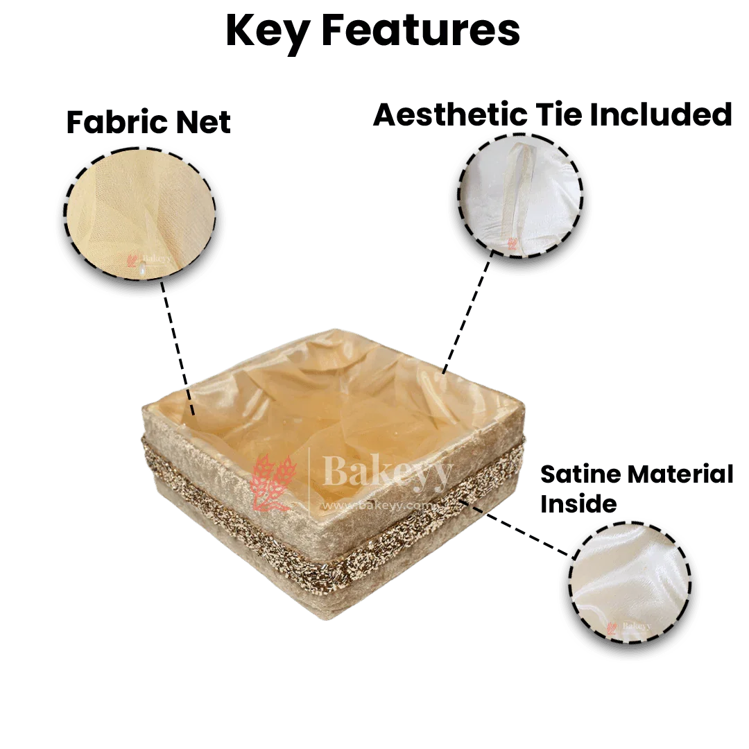 Chid Velvet Gold Hamper | Deluxe Square Gifting & Décor Basket | Diwali Return Gift Tray With Net - Bakeyy.com - India - Chid Velvet Gold Hamper | Deluxe Square Gifting & Décor Basket | Diwali Return Gift Tray With Net - Small-8 Inch