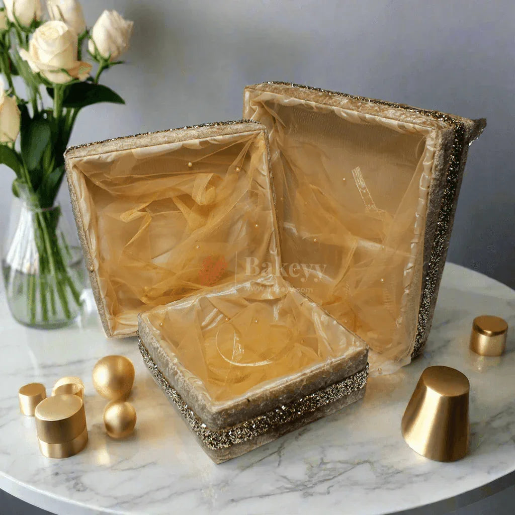 Chid Velvet Gold Hamper | Deluxe Square Gifting & Décor Basket | Diwali Return Gift Tray With Net - Bakeyy.com - India - Chid Velvet Gold Hamper | Deluxe Square Gifting & Décor Basket | Diwali Return Gift Tray With Net - Small-8 Inch