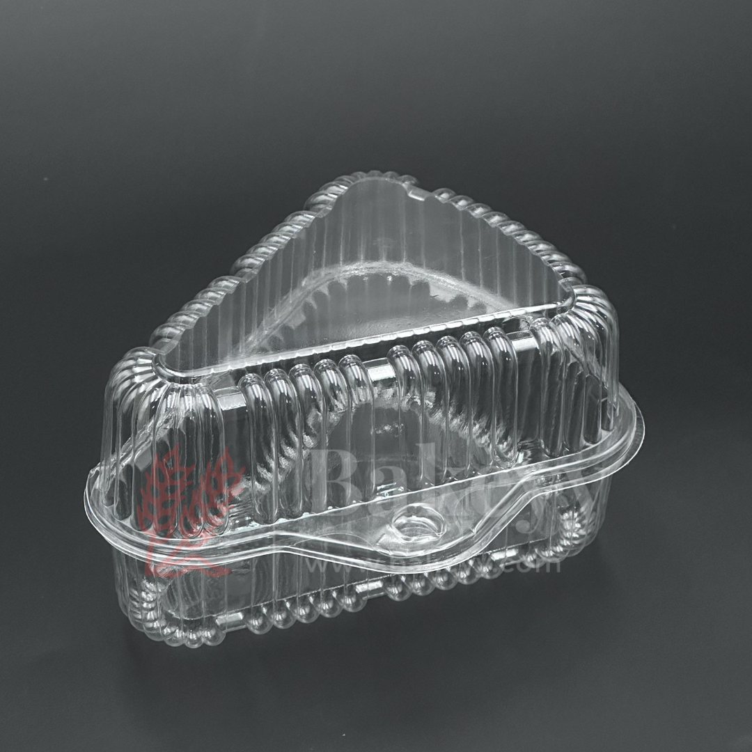Clear plastic food container with a brand logo on a black background