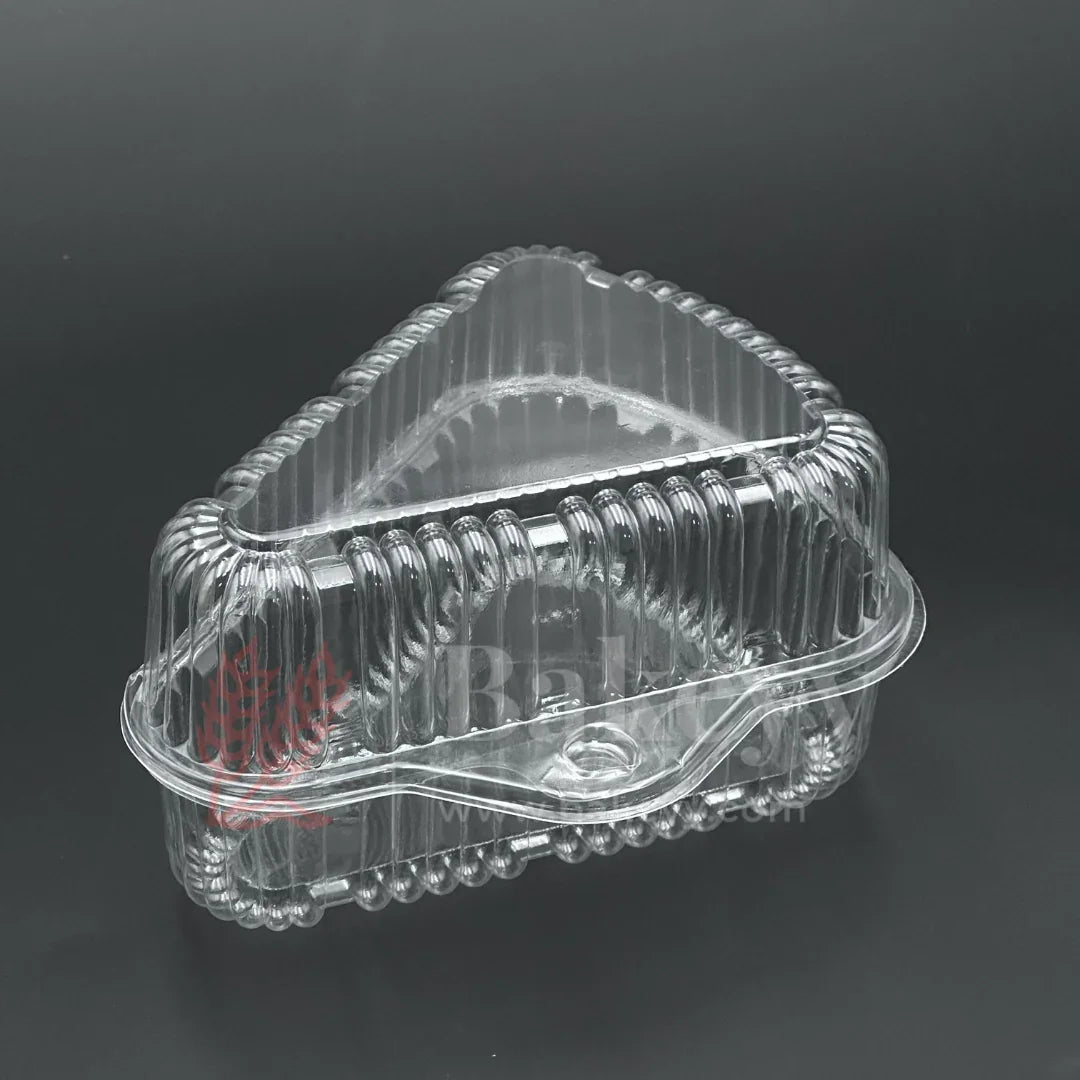 Clear plastic food container with a brand logo on a black background