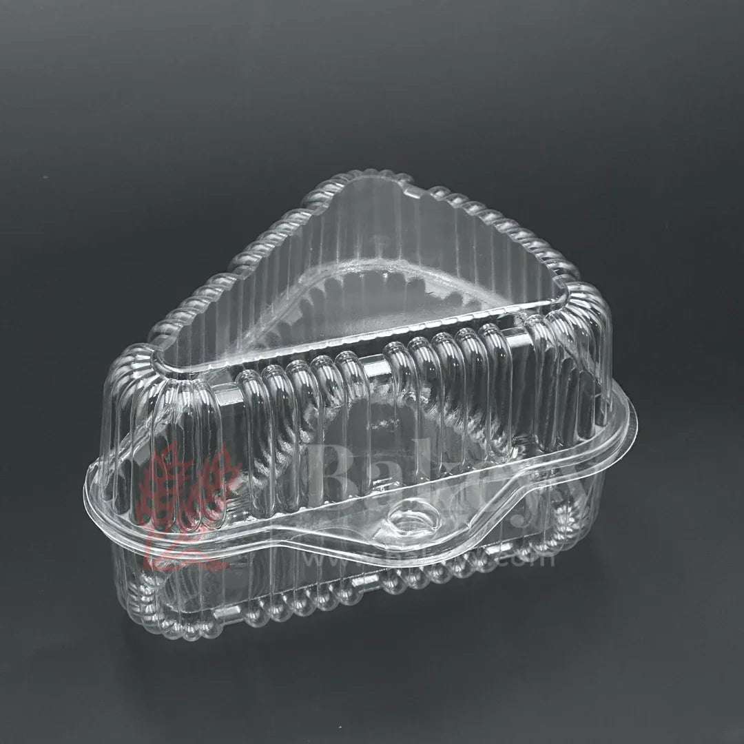 Clear plastic food container with a brand logo on a black background