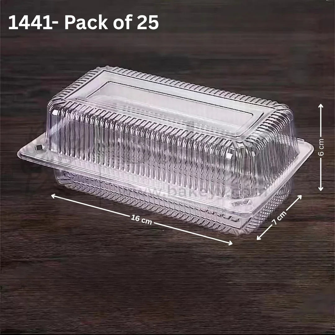 Clear plastic food container with dimensions on a dark background